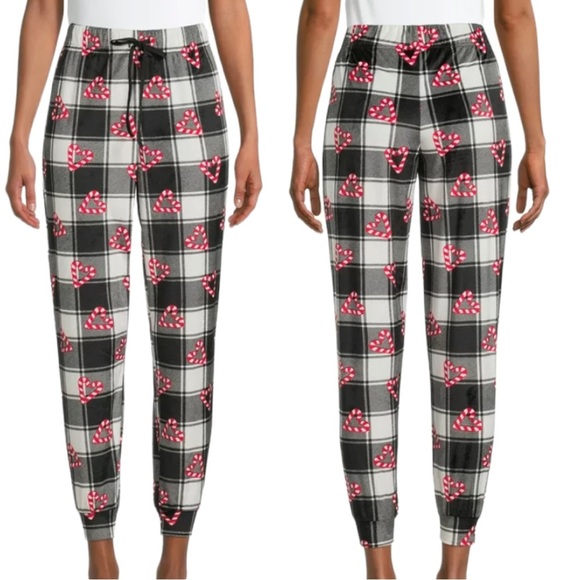 Briefly Stated Women's Candy Cane Hearts Buffalo Plaid Cuffed Sleep Pants - Picture 2 of 5